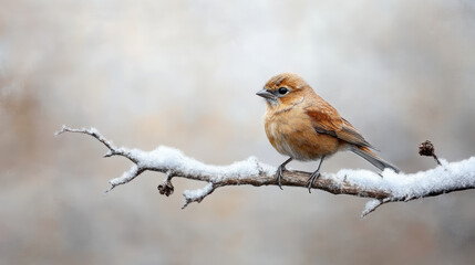 tiny bird perched on snowy branch, surrounded by soft winter backdrop