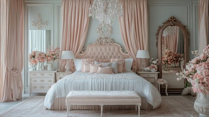 Fototapeta premium Elegant bedroom with blush pink accents, ornate headboard, and luxurious bedding.