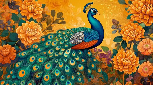 vibrant peacock illustration, ornate floral background, turquoise feather detail, orange chrysanthemums, folk art style, decorative bird painting, jewel tone palette, whimsical garden scene