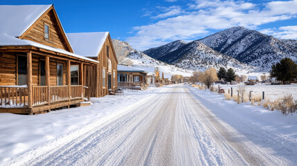 Fototapeta premium serene winter scene of ghost town with snow covered roads and rustic buildings