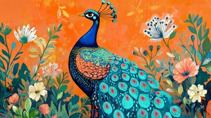 artistic peacock portrait, vibrant garden backdrop, detailed plumage illustration, orange and turquoise palette, ornate floral design, folk art aesthetic, decorative nature scene, whimsical style