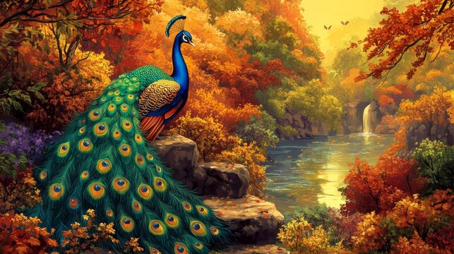 colorful peacock painting, ornamental garden setting, detailed bird illustration, rich autumn colors, stylized feather patterns, folk art composition, magical flora design, decorative nature artwork