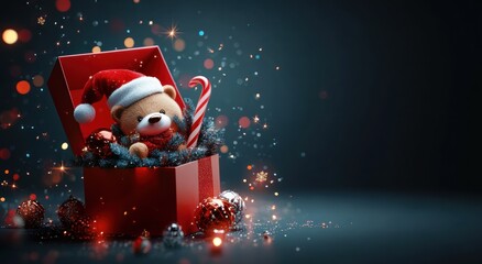 Bursting Open Whimsical Christmas Gift Box with Teddy Bear and Festive Decorations