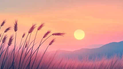 pastoral sunset scene, amber wheat stalks, pink and blue sky gradient, gentle rolling hills, rising golden sun, peaceful rural landscape, wispy cloud details, soft evening atmosphere