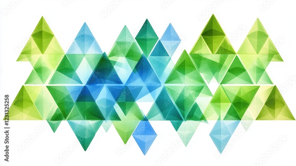 Poster geometric triangles in green and blue gradients, vibrant design elements with a transparent backgrou