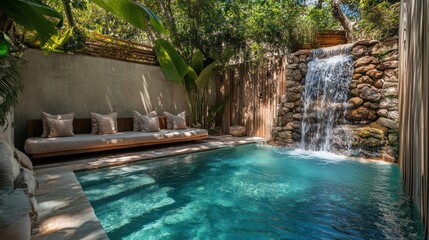 Tropical resort pool with waterfall, lush foliage; tranquil escape