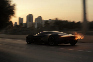 High-performance sports car speeding at sunset.