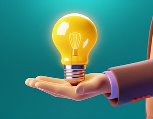Hand holding light bulb with idea. 3D selling idea, idea pitching, fund raising and venture capital concept. 3D hand in business