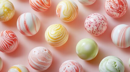 Fototapeta premium gourmet gelato collection close-up, artisanal frozen dessert spheres, pastel and vivid colors, swirled patterns in scoop surface, creamy smooth texture, overhead composition, studio lighting, shallow