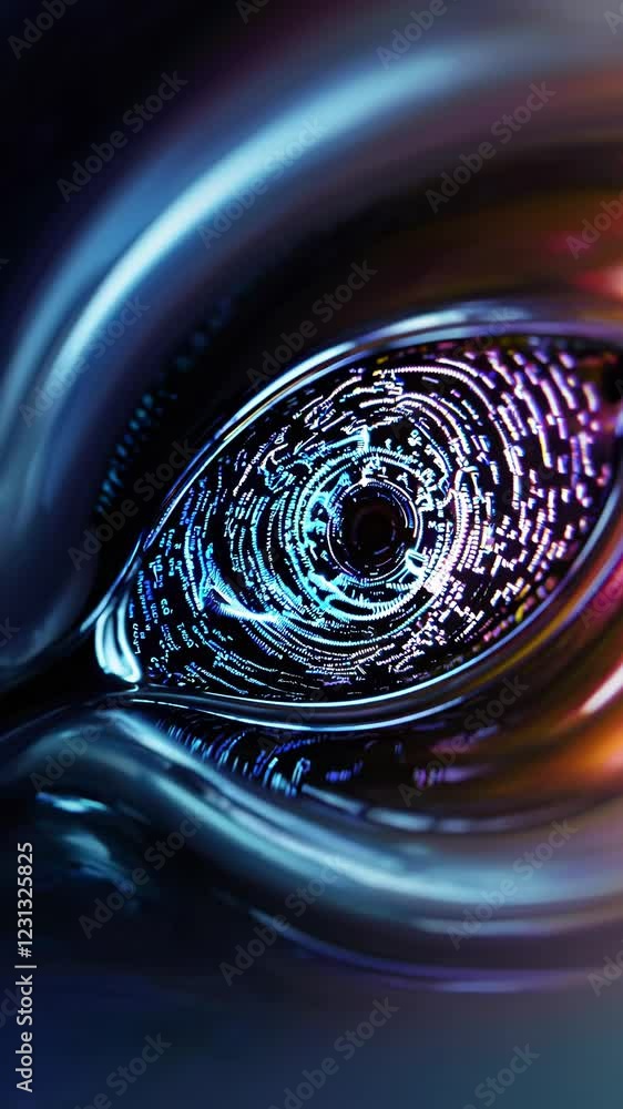 Poster an abstract view of an eye with sparkling bits of code transitioning from bright blues to warm yello