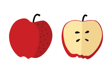 Red apple with seeds full and halved view. Flat doodle illustrations.