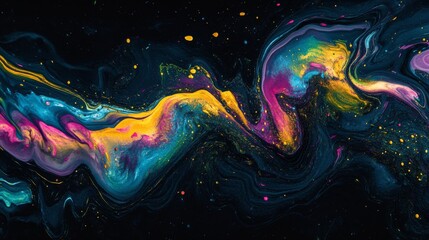 Obraz premium abstract fluid shapes on dark navy background, organic flowing curves, vibrant yellow pink blue green purple splashes, dynamic wave patterns, minimalist modern design, smooth gradient transitions,