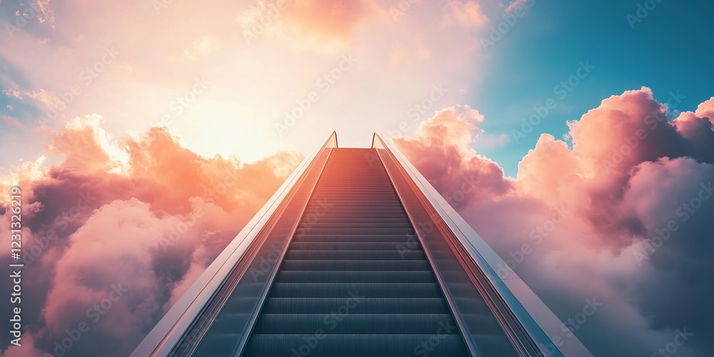 Poster a captivating image of a surreal escalator ascending into a vibrant sky filled with colorful clouds 