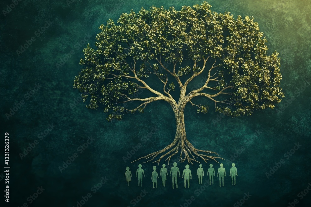 Aufkleber a tree with people around it. the people are standing in a circle around the tree. the tree is the c