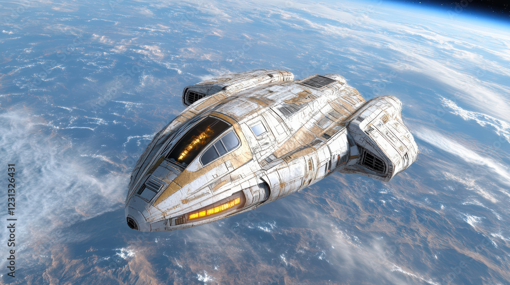 Poster futuristic spaceship soaring through space, showcasing advanced design and technology