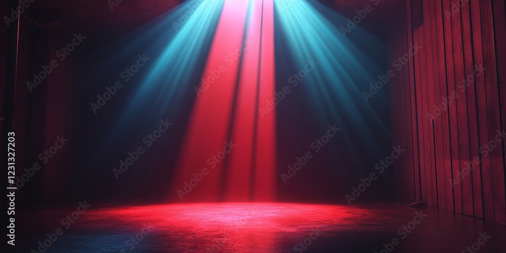 Poster a captivating scene of red and blue lights casting vibrant colors on an empty stage, creating a dram