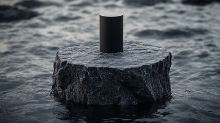 Fototapeta premium Circular stone podium with a rough, natural texture, partially submerged in dark water, a matte black cylinder standing tall in the center, subtle reflections on the water's surface