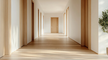 Modern hallway with wooden doors and natural light