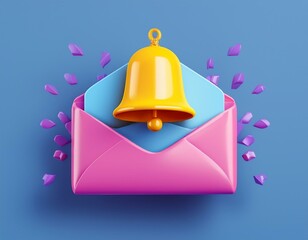 Notification bell icon. 3D mail reminder concept. Business e-mail notice. Envelope with bell icon. 3d illustration. 