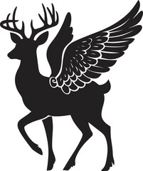 A black vector silhouette of a Christmas deer with angel wings isolated on a white background, deer with a ribbon