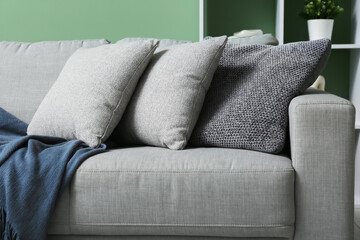 Grey sofa with soft cushions in stylish living room