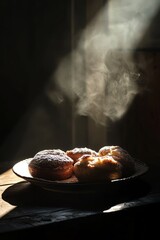 A plate of donuts sits on a wooden table, with steam rising from them
