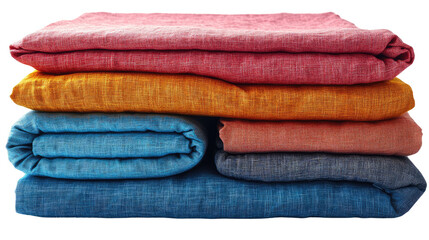  Stack of colorful folded bed sheets on transparent background 
