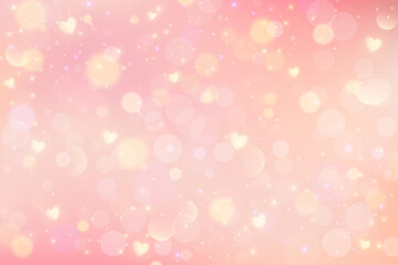 Lovely pink background with hearts and bokeh. Cute romantic sky with light glitter and sparkles. Abstract pastel Valentine Day blurred wallpaper. Girly fairy fantasy backdrop.
