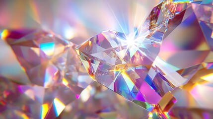 holographic crystal closeup, geometric mineral structure, rainbow prism patterns, kaleidoscopic light refraction, crystalline symmetry study, iridescent faceted surface, abstract gem photography