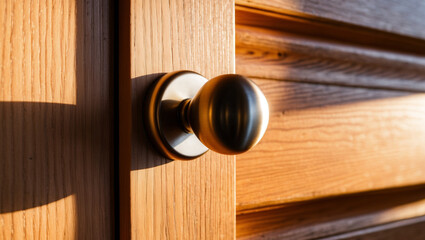 Fototapeta premium a round head knob on a wooden door, illuminated by soft golden morning sunlight. The warm light casts gentle shadows on the textured wood grain.