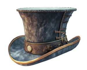 Vintage top hat with intricate details and wide brim, showcasing unique design and texture. Perfect for steampunk themes or historical costumes