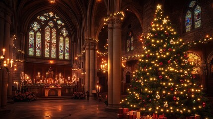 Obraz premium sacred holiday interior, glowing christmas decorations, gothic church architecture, soft candlelight ambient, decorated evergreen tree, warm lighting atmosphere, historic stone columns, stained glass