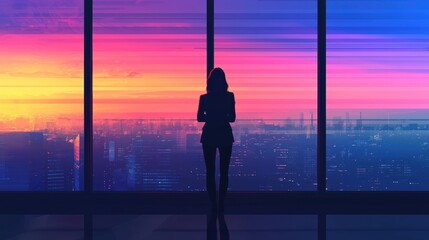 Fototapeta premium Professional woman overlooking cityscape at dusk urban portrait