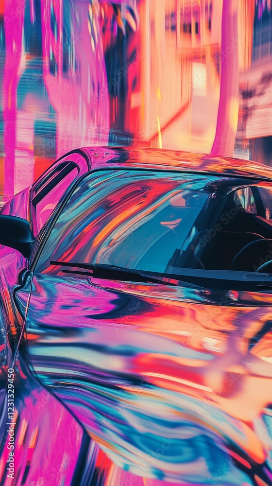 Poster a car with a colorful reflection on its windshield. the car is parked in a parking lot. the reflecti