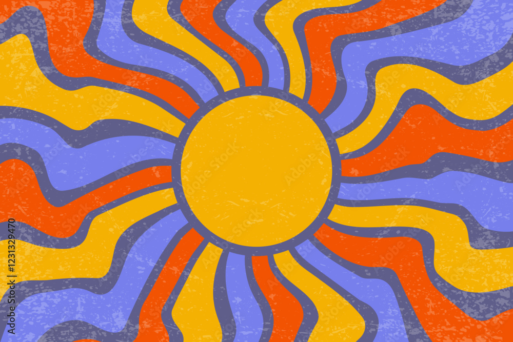 Poster sunrays retro background. vector summer 70s poster. abstract groovy design with grunge texture. old 