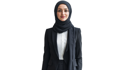 portrait of a Middle Eastern woman wearing a hijab, isolated on a white background, dressed in a business suit, smiling warmly