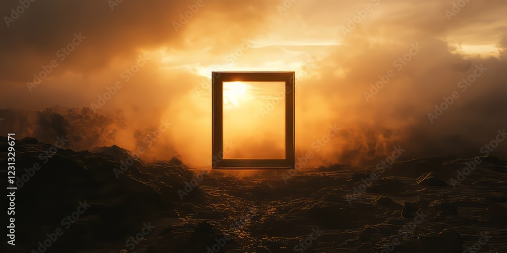 Poster a surreal scene featuring a floating frame at sunset, surrounded by dramatic clouds and rugged terra