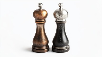 Elegant salt and pepper shakers standing side by side. They represent balance in flavor and dining experiences. Enhance your table setting elegantly. Generative AI