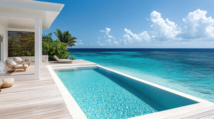 Fototapeta premium modern infinity pool overlooking stunning ocean view, perfect for relaxation