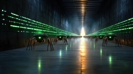 futuristic corridor with robotic insectoid creatures and glowing lights