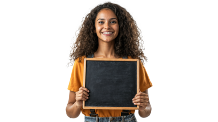 portrait of a Hispanic woman with curly hair, isolated on a white background, wearing a teacher's outfit and holding a chalkboard, smiling cheerfully