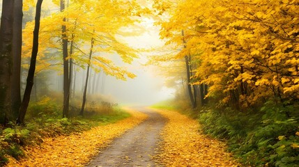 Obraz premium A serene autumn path lined with vibrant yellow leaves, leading through a foggy forest, creating a tranquil and picturesque atmosphere.