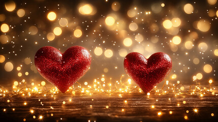 Romantic Red Glitter Hearts Festive Lights Valentines Day Background love gold warm dark blur card  