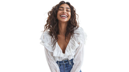 portrait of a South Asian woman isolated on a white background, wearing a white blouse and blue jeans, smiling cheerfully