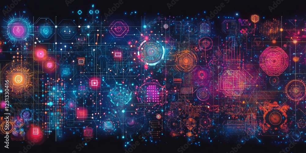 Poster a dynamic digital interface featuring neon colors and abstract geometric patterns, perfect for techn