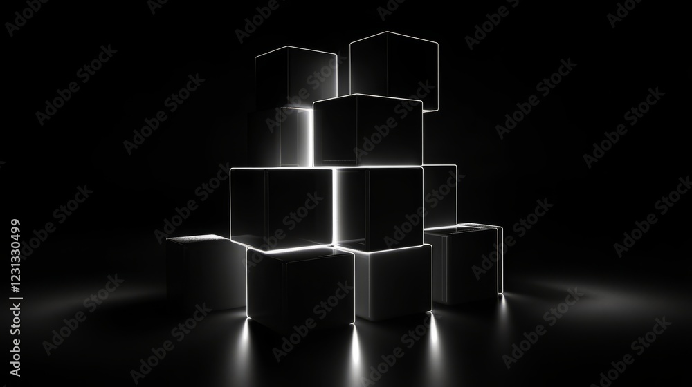 Poster abstract composition of black cubes with illuminated edges, creating a futuristic and minimalist atm