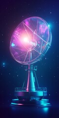 A futuristic satellite dish illuminated by neon lights, set against a starry night sky, capturing cosmic signals in a sci-fi inspired scene.
