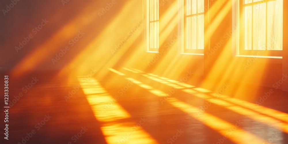Poster sunlight casts golden patterns on a wooden floor through large windows in a minimalist room, creatin