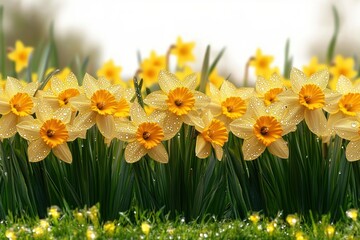 Fototapeta premium vibrant yellow daffodil meadow in bright sunlight with dew drops and intricate petal textures