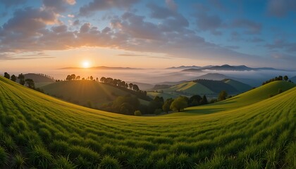 Obraz premium Sunrise over rolling green hills and valleys, picturesque landscape with vibrant colors and lush vegetation, tranquil and serene morning scene in nature